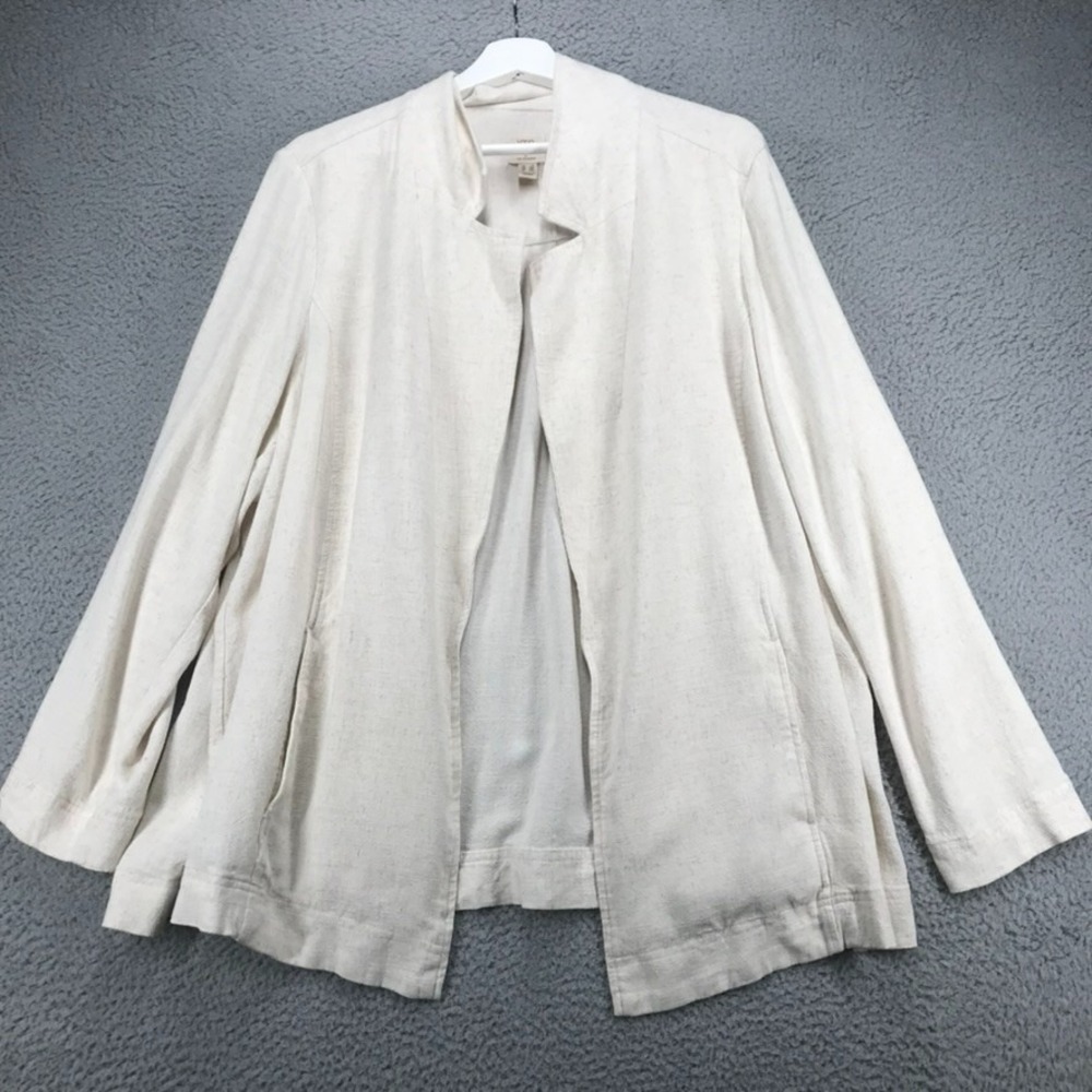 LOGO Linens Blazer Size 1X Natural Linen Blend Long Sleeve Open‎ Front Pockets